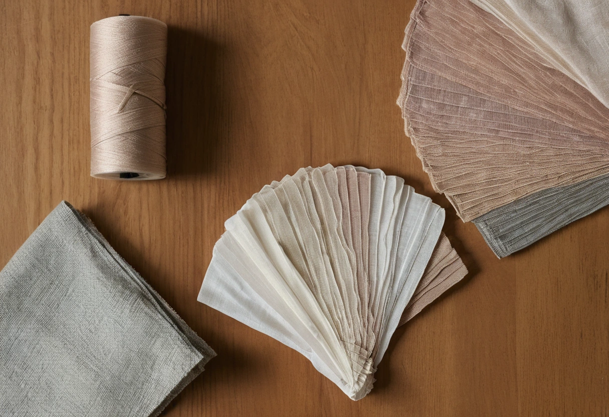 Overhead view of a fan of furnishing fabric swatch cards with blank specification labels on a pale table