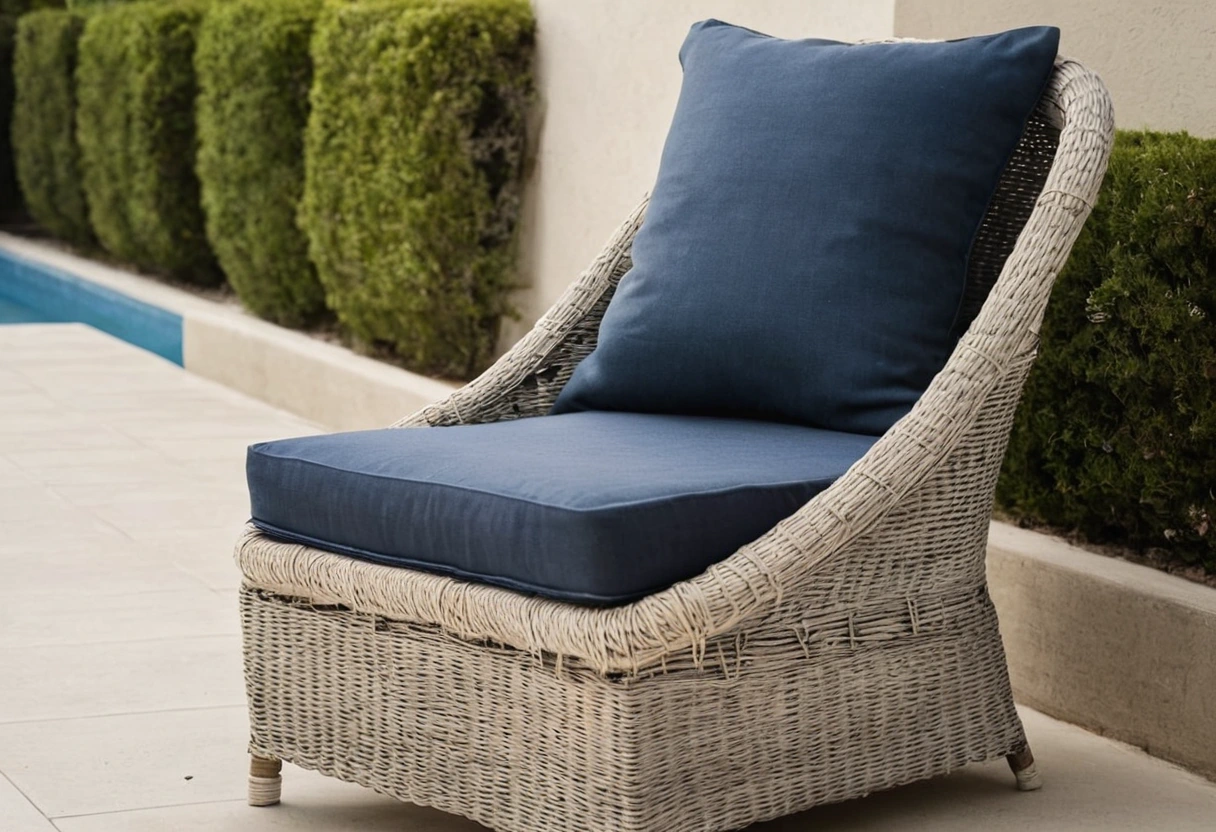 Outdoor performance fabric upholstering a terrace lounge chair with a taut cushion and stitched piping