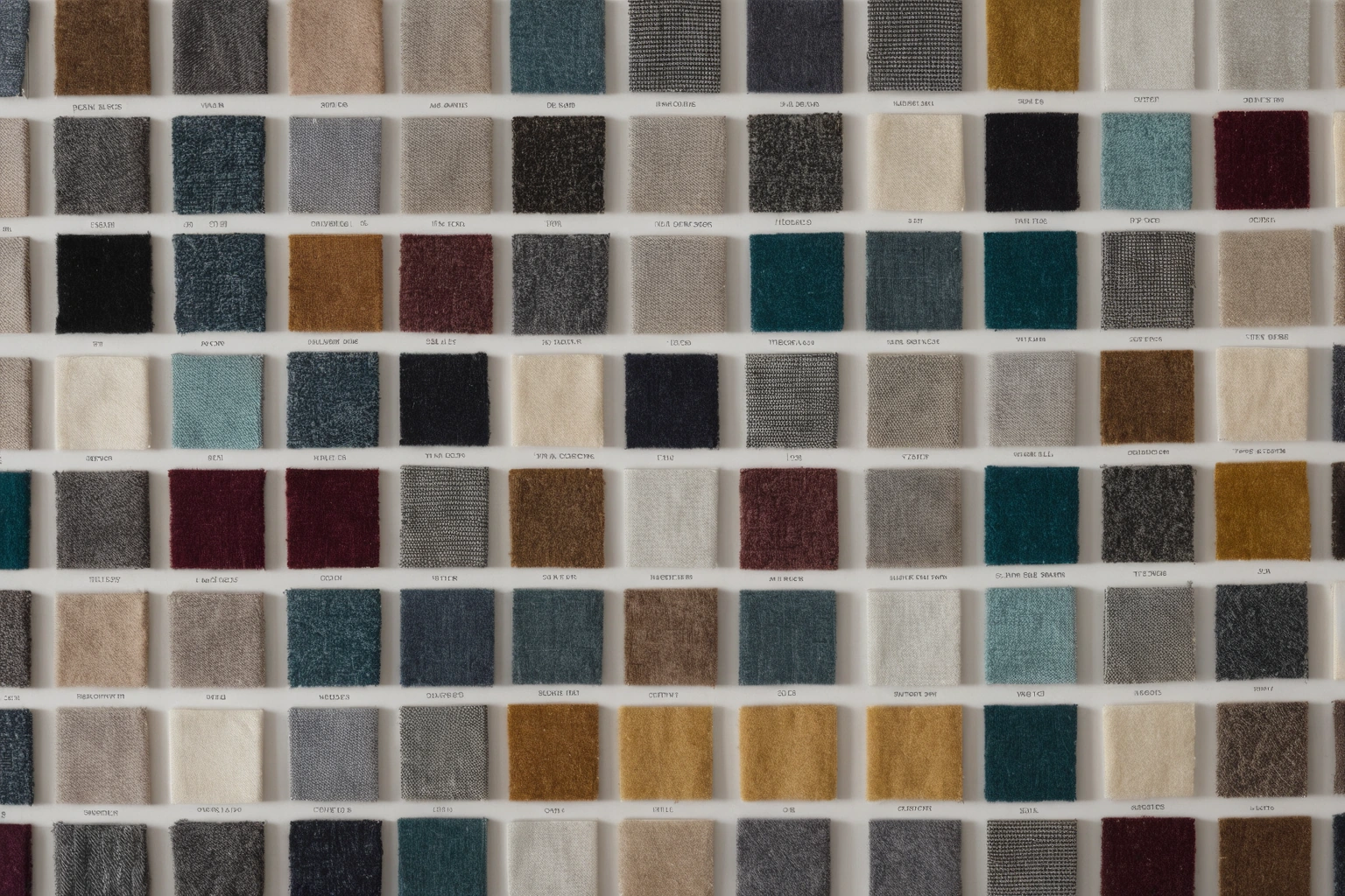 Overhead view of a bench laid out with a grid of small textile swatches of different constructions on white card